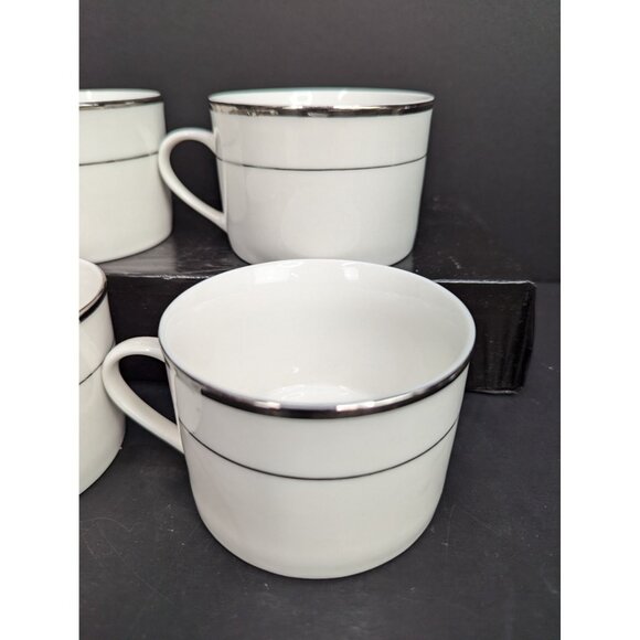 HausenWare White Porcelain Flat Coffee/Tea Cup 8 Oz Silver Rim Set of 4 - Picture 6 of 9
